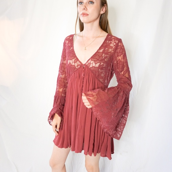 FREE PEOPLE Red Floral Lace Knit Tunic Dress Bell - Picture 6 of 7